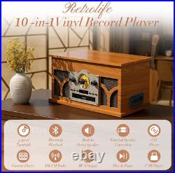 10-In-1 Record Player with Speakers and Bluetooth, Mahogany