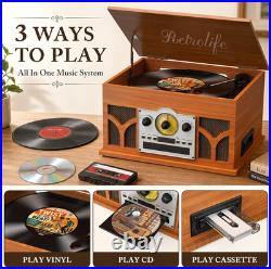 10-In-1 Record Player with Speakers and Bluetooth, Mahogany