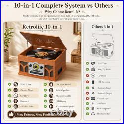 10-In-1 Record Player with Speakers and Bluetooth, Mahogany