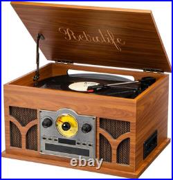 10-In-1 Record Player with Speakers and Bluetooth, Mahogany