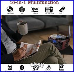 10 in 1 Bluetooth In/Out Record Player 3 Speed Vinyl Vintage Turntable CD Player