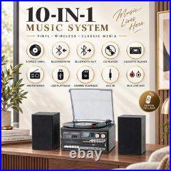 10 in 1 Record Player with Dual External Speakers, Elegant 3-Speed Turntable
