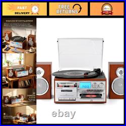 10-in-1 Retro Record Player with External Speakers, Vintage Red Brown Design