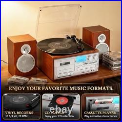 10-in-1 Retro Record Player with External Speakers, Vintage Red Brown Design