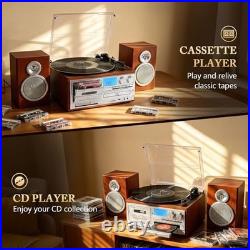 10-in-1 Retro Record Player with External Speakers, Vintage Red Brown Design