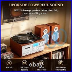 10-in-1 Retro Record Player with External Speakers, Vintage Red Brown Design