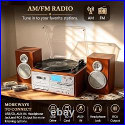 10-in-1 Retro Record Player with External Speakers, Vintage Red Brown Design