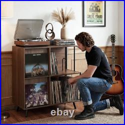 3 Tier Record Player Stand with Flip-Down Vinyl Record Storage Shelf Walnut Audi