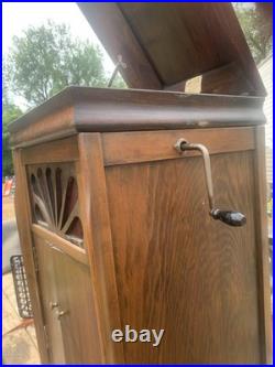 Americola Hand-Crank Cabinet Phonograph Record Player with Doors, Red Grille