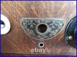 Antique Early 1900 Silver Tone Record player Phonograph Oak Cabinet