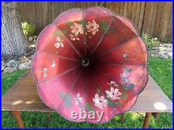 Antique Edison Phonograph Record Player Horn Red Hand Painted Pink Roses 1800's