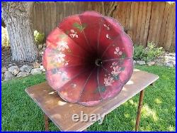 Antique Edison Phonograph Record Player Horn Red Hand Painted Pink Roses 1800's