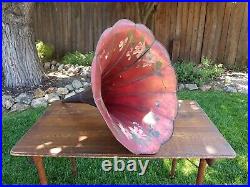 Antique Edison Phonograph Record Player Horn Red Hand Painted Pink Roses 1800's