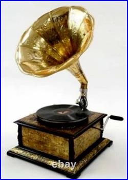 Antique Gramophone Player With Horn Functional Working Phonograph, win-up record