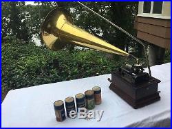 Antique THOMAS A EDISON PHONOGRAPH CYLINDER RECORD Player with Brass HORN
