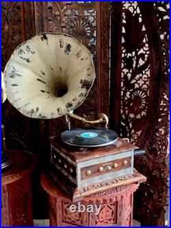 Antique WORKING Columbia Grafonola Wind Up Phonograph Record Player With Horn