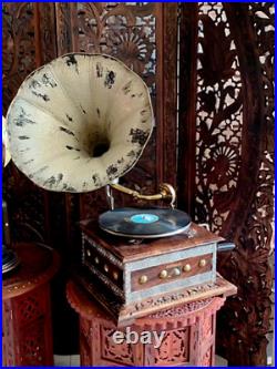 Antique WORKING Columbia Grafonola Wind Up Phonograph Record Player With Horn