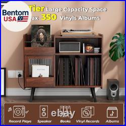 Big Record Player Stand, Record Player Table with Power Outlet and LED Light, 35