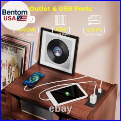 Big Record Player Stand, Record Player Table with Power Outlet and LED Light, 35
