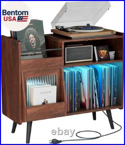 Big Record Player Stand, Record Player Table with Power Outlet and LED Light, 35