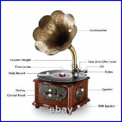 Bluetooth Belt Drive Record Player Turntable Vintage Phonograph Gramophone Horn