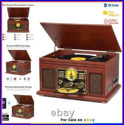 Bluetooth Record Player Turntable 3 Speed 33 45 78 RPM CD Cassette FM Radio MP3