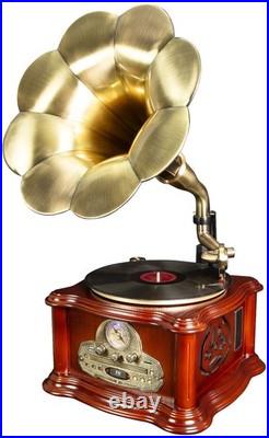 ClearClick All-in-One Retro Record Player Turntable Horn, Real Wooden Exterior