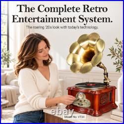ClearClick All-in-One Retro Record Player Turntable Horn, Real Wooden Exterior