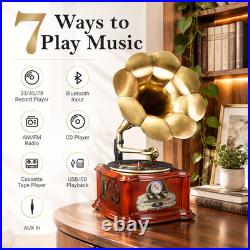 ClearClick All-in-One Retro Record Player Turntable Horn, Real Wooden Exterior