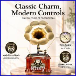 ClearClick All-in-One Retro Record Player Turntable Horn, Real Wooden Exterior