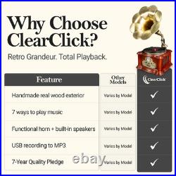 ClearClick All-in-One Retro Record Player Turntable Horn, Real Wooden Exterior