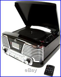 GPO Memphis Record Player Ad Black Turntable CD Radio MP3 USB Stereo Music New