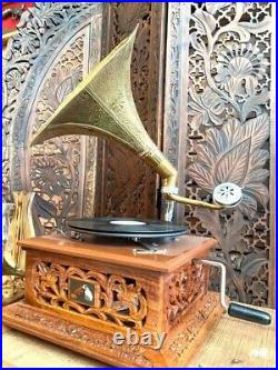 HMV Gramophone win-up record player Wood Handmade Phonograph Look Gramophone