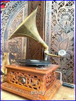 HMV Gramophone win-up record player Wood Handmade Phonograph Solid Look Gramopho
