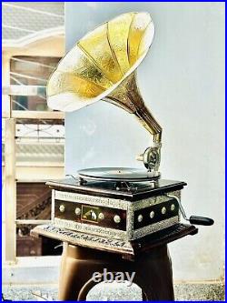 HMV Working Gramophone Player Brass Phonograph Vintage Look Vinyl Record Replica