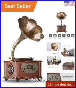 Handcrafted Retro Record Player with Copper Horn, Bluetooth & Remote Control