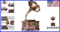 Handcrafted Retro Record Player with Copper Horn, Bluetooth & Remote Control