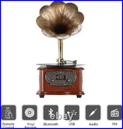Handcrafted Retro Record Player with Copper Horn, Bluetooth & Remote Control