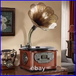 Handcrafted Retro Record Player with Copper Horn, Bluetooth & Remote Control