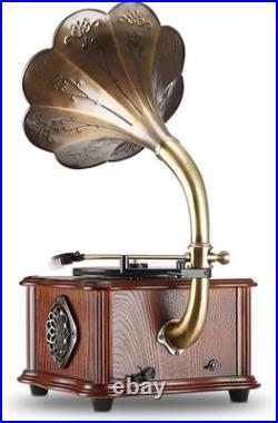 Handcrafted Retro Record Player with Copper Horn, Bluetooth & Remote Control