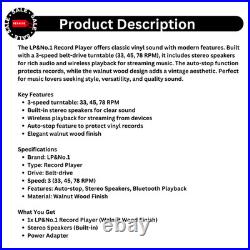 LP&No. 1 Walnut Wood 3-Speed Vinyl Record Player with Stereo Speakers & Bluetooth