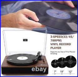 LP&No. 1 Walnut Wood 3-Speed Vinyl Record Player with Stereo Speakers & Bluetooth