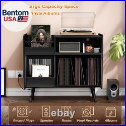 Large Record Player Stand with Sliding Door, 350 Vinyl Record Storage Cabinet, Re
