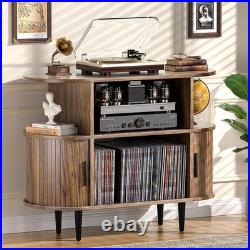 Large Record Player Stand with Storage and Shelves, Walnut Mid Century Modern