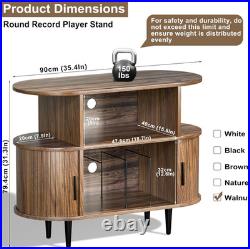 Large Record Player Stand with Storage and Shelves, Walnut Mid Century Modern