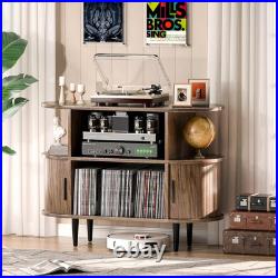 Large Record Player Stand with Storage and Shelves, Walnut Mid Century Modern