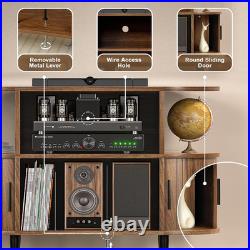 Large Record Player Stand with Storage and Shelves, Walnut Mid Century Modern