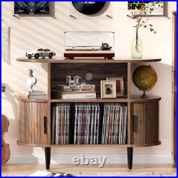 Large Record Player Stand with Storage and Shelves, Walnut Mid Century Modern