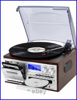 MUSITREND 9-in-1 3-Speed Record Player CD Cassette Bluetooth AM/FM Silver