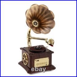 Mini Gramophone Vintage Copper Horn Record Player with Bluetooth, USB, AUX, F